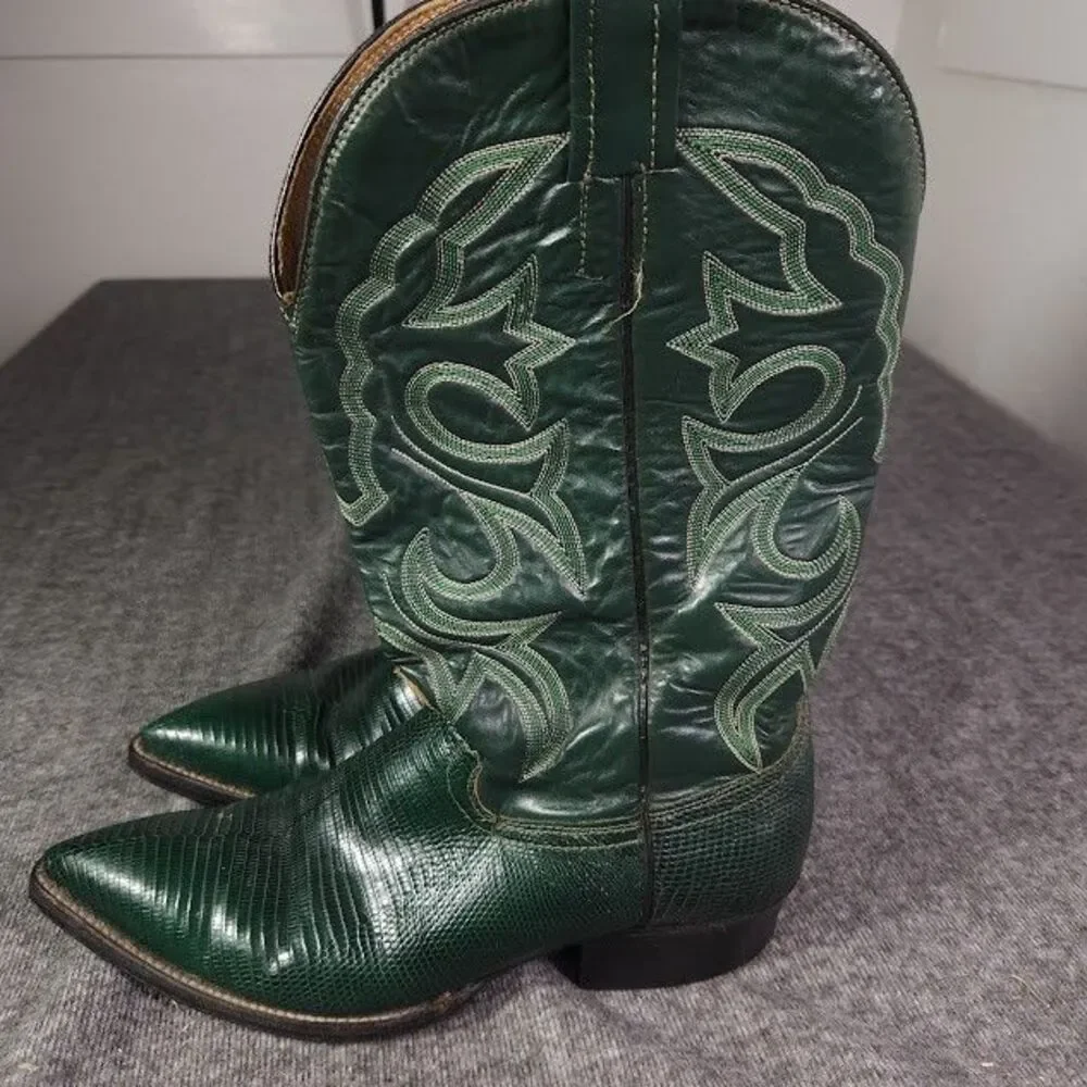 Men’s Vintage Botas Bandido Exotic Green Teju Lizard Western Cowboy Boots 8-8.5D